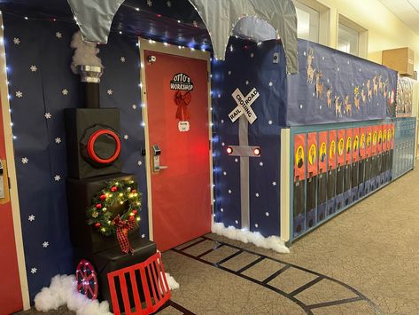 Locker Decorating Contest, The Polar Express Christmas Decorations, Train Door Decorations Classroom, Door Decorations Classroom Christmas Polar Express, Polar Express Outdoor Decorations, Christmas School Themes, Polar Express Office Decor, Polar Express Hallway Decor, The Polar Express Door Decoration