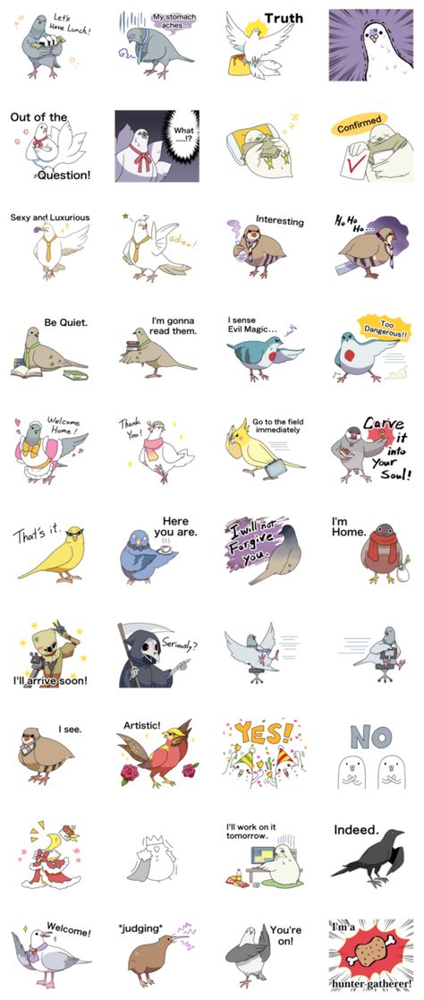 Hatoful Boyfriend official stickers. Boyfriend Fanart, Hatoful Boyfriend, Cute Pigeon, Video Games Memes, Story Games, Funny Birds, Funny Drawings, Weird Stuff, Line Sticker