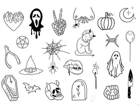 Halloween Tattoo Flash, Beginner Tattoos, Sharpie Tattoos, Ghost Tattoo, Witch Tattoo, Flash Tattoo Designs, Tattoos Geometric, Tattoo Flash Sheet, Spooky Tattoos