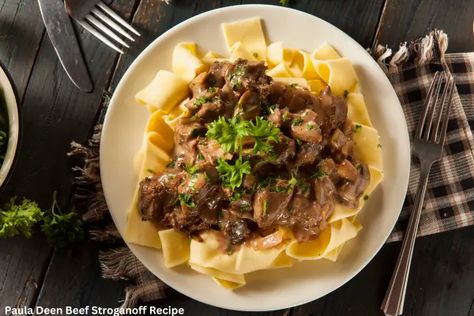 Indulge in comfort food bliss with our Paula Deen Beef Stroganoff Recipe! This creamy, savory dish is a timeless classic that's perfect for cozy nights in. Slow Cooker Stroganoff, Venison Stroganoff, Beef Mushroom Stroganoff, Recipe For Beef Stroganoff, Buttery Noodles, Homemade Beef Stroganoff, Beef Tartare, Beef Stroganoff Easy, Mushroom Stroganoff