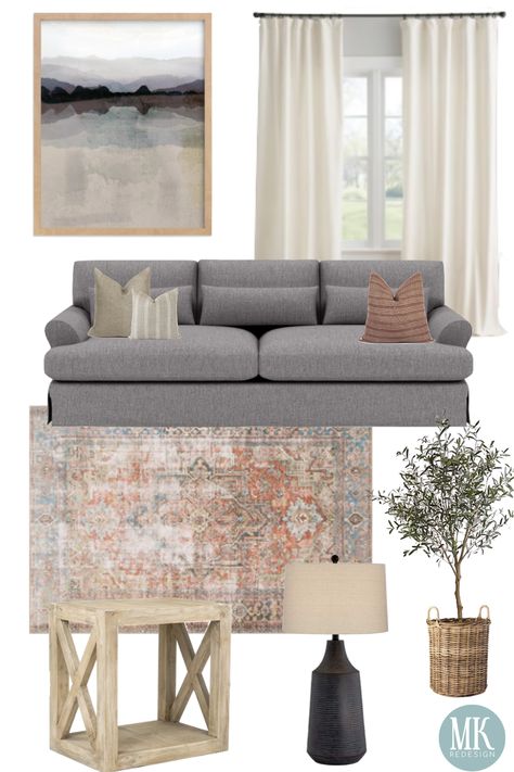 Beautiful Living Room Inspiration. Earth Tones. Rust, Blue, Ivory, Tan, Cream, Greenery all come together for a classic cozy living room, or family room. Faux Greenery tree. Nature Art Print. Cream Curtains Designer throw pillows. Gray Couch. Vintage Rug. Wood End Tables. Black Lamp. Follow us or check our our website for more information!  -MK Redesign Grey Couch Persian Rug Living Room, Rugs In Living Room Gray Couch, Area Rug Living Room Grey Couch, Grey Couch Family Room Ideas, End Tables For Gray Couch, Gray Couch Gray Rug, Grey Tweed Couch Living Rooms, Tan Couch Navy Accents, Blue Gray And Rust Living Room