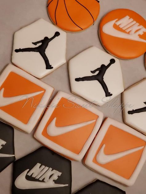 Nike Cookies Decorated, Michael Jordan Cookies, Nike Cookies Birthday, Basketball Birthday Cookies, Basketball Cookies Royal Icing, Basketball Royal Icing Cookies, Basketball Cookies, Cookie Business, Birthday Themes For Boys