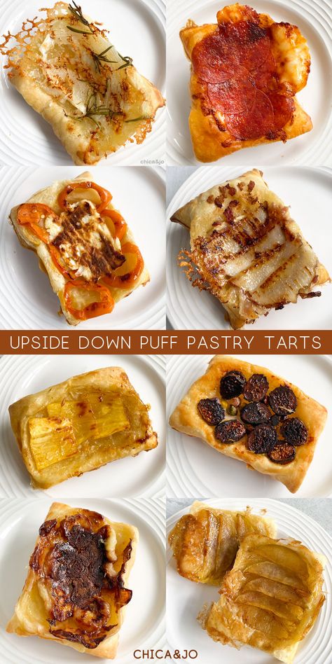 Puff Pastry Recipes Tiktok, Upside Down Cambozola Tarts, Upside Down Savory Tarts, Brunch Recipes Puff Pastry, Savory Tarts Puff Pastry, Puff Pastry Casserole Recipes, Phyllo Pastry Recipes Breakfast, Upside Down Tartlets, Tiktok Puff Pastry