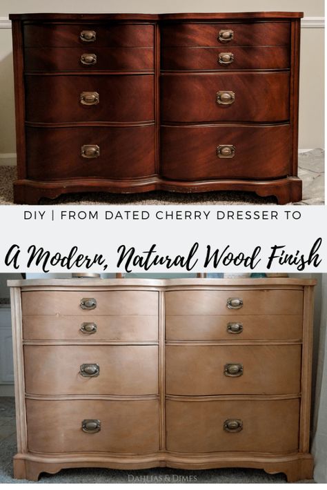 Cherry Dresser Makeover to Natural Wood Finish Sanding A Dresser, Cherry Wood Makeover, Different Stains On Cherry Wood, Lighten Cherry Wood Furniture, Natural Finish Furniture, Limewash Dresser, Bleached Cherry Wood Furniture, Whitewashing Cherry Furniture, Refinishing Dark Furniture To Light