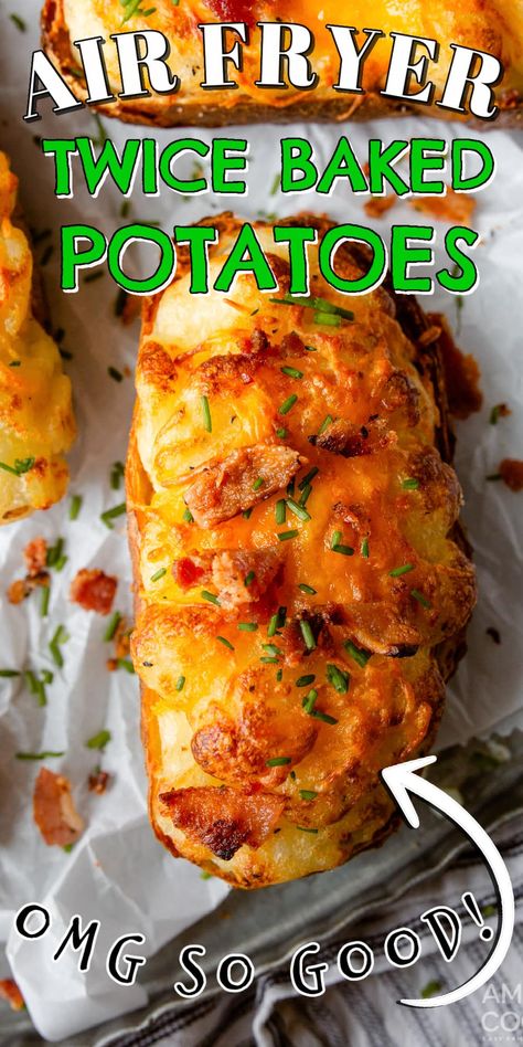 Air Fryer Twice Baked Potato Recipes, Baked Potatoes In Air Fryer Recipe, Air Fried Cheesy Potatoes, Twice Baked Golden Potatoes, Air Fried Twice Baked Potatoes, Air Fried Baked Potatoes Recipe, Air Fryer Stuffed Potatoes, Recipes For Air Fryer Oven, Twice Baked Potatoes Air Fryer