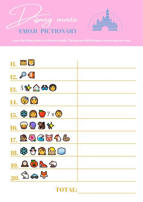 Your baby shower, wedding or bridal shower guests will love this game. They have to match emojis with famous Disney movies. All of the movies are very well known, but matching them will be a challenge. It will be a lot of fun to play this game at your wedding / bridal shower or your bachelorette party. Disney Themed Bridal Shower Games, Disney Wedding Shower, Disney Themed Bridal Shower, Bridal Shower Food Ideas, Shower Food Ideas, Disney Bridal Showers, Party Prizes, Emoji Pictionary, Disney Emoji