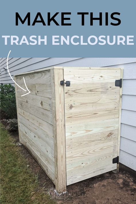 Goodbye ugly, smelly trash cans! We kicked our garbage cans out of the garage and hid them in this simple DIY trash can storage instead! Trash Can Storage Outdoors, Garbage Cover Outdoor Diy, Wood Garbage Can Holder, Garbage Bin Storage Outdoor Diy Plans, Diy Outdoor Garbage Enclosure, Trash Can Storage Outdoor Pallets, Bear Proof Garbage Storage Diy, Trash Can Fence Ideas, Garbage Can Enclosure Diy