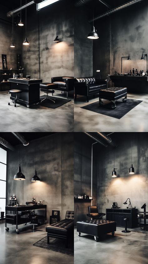 Elevate Tattoo, Barbershop Aesthetic, Concrete Aesthetic, Tattoo Room, Barbershop Design Interior, Tattoo Shop Decor, Foodtrucks Ideas, Tattoo Studio Interior, Barber Shop Interior