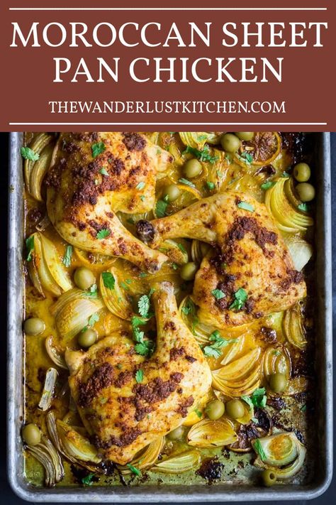 Savor the flavors of Morocco with this one-pan wonder. In this Moroccan Sheet Pan Chicken recipe, aromatic spices, tangy olives, and onions come together deliciously. This simple meal brings the flavors of a far-off land right into your kitchen. Indian Sheet Pan Dinner, Chicken Sheet Pan Recipes, Sheet Pan Meals Healthy, Sheet Pan Chicken Recipe, Chicken Quarter Recipes, Moroccan Chicken Recipe, Chicken Lickin, Italian Baked Chicken, Sheet Pan Meals Chicken