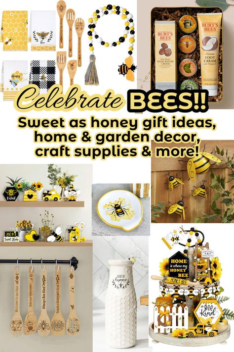 Sweet as honey are these home and garden decor, gift ideas, craft supplies, and more! Bee themed items are bright, sunny, and are sure to freshen up your home, garden, or be a wonderful gift for those you love. Celebrate bees with this list of gift ideas, home & garden decor, & crafting supplies. Bee wreath, bee decor, home decor, bee crafts, honey bee spoons, honey bee decorations, decor crafts, diy projects, bee themed birthday, bee gifts. Honeybee Kitchen Decor Ideas, Honey Bee Home Decor, Bee Kitchen Decor Ideas, Diy Bee Decor, Honey Bee Decorations, Gift Ideas Craft, Bee Themed Birthday, Honey Bee Home, Bee Decorations