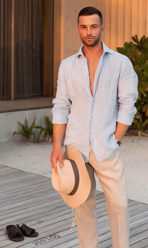 Resort Chic Attire Men, Miami Attire, Sombrero Outfit, Fashion Outfits For Men, Destination Wedding Attire, Beach Wedding Guest Attire, Gentlemen Fashion, Beach Formal, Tropical Glam