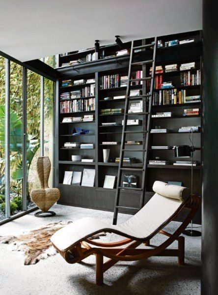 Home Library Dark, Dark Library Room, Dark Library, Black House Interior, Bespoke Joinery, Melbourne Apartment, Home Library Rooms, Modern Appartement, Black Bookcase