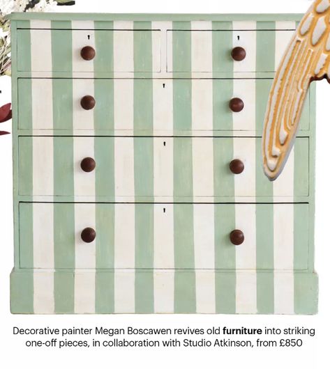 Striped Furniture Painted, Stripes Nursery, Renovated Furniture, Painted Toy Boxes, Striped Dresser, Dresser Inspo, Strawberry House, Painting Kids Furniture, Striped Furniture