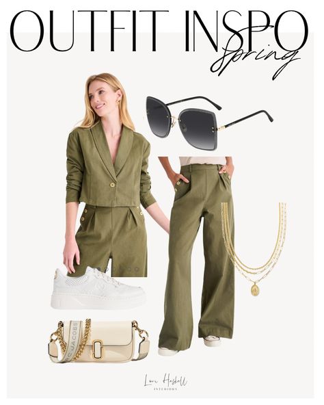 Spring outfit | jacket pant set | olive green | blazer | Olive Green Blazer, Green Blazer, Blazer Set, Cropped Blazer, Pant Set, Pants Outfit, Tennis Shoes, Spring Outfit, Jacket Outfits