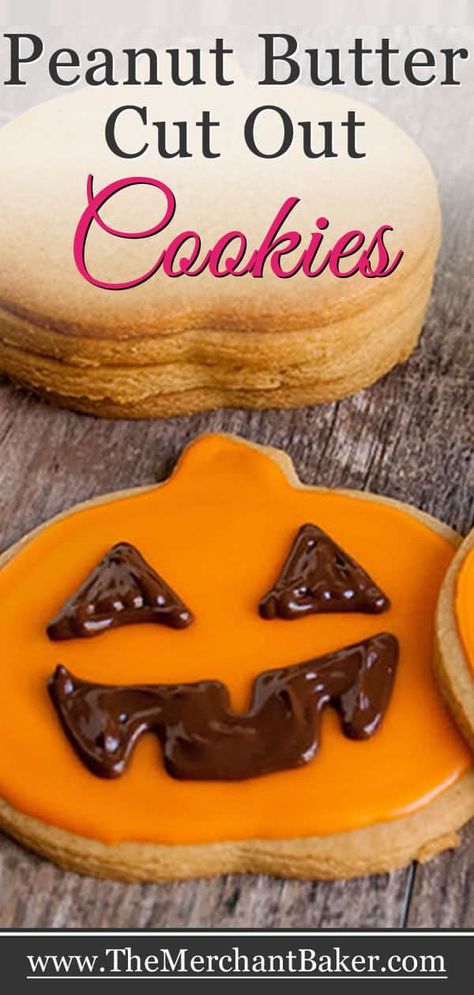 Peanut Butter Cut Out Cookies. A delicious roll and cut peanut butter cookie,  topped with a sweet icing and decorated with melted chocolate. They taste even better than they look! #cookies #peanutbutter #cutout #chocolate #halloween Butter Cut Out Cookies, Rollout Cookies, Halloween Cookies Recipes, Butter Cookies Christmas, Biscuits Halloween, Butter Cookie Recipe Easy, Chocolate Halloween, Butter Cookies Easy, Halloween Cookie Recipes