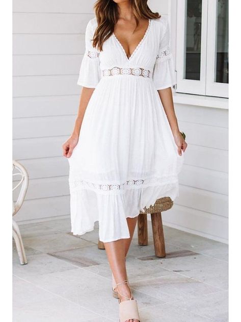 Beach Vacation Dresses, Hot Beach, Stitching Dresses, White Boho Dress, Boho Midi Dress, Midi Ruffle Dress, Half Sleeve Dresses, Necklines For Dresses, Vacation Dresses