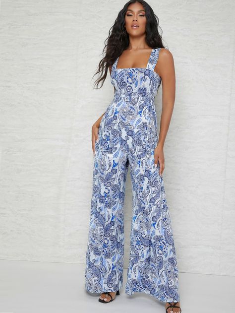 Blue and White Boho  Sleeveless Chiffon Paisley Cami Embellished Non-Stretch Spring/Summer Women Jumpsuits & Bodysuits Blue And White Jumpsuit, White Jumpsuit Outfit, Blue Jumpsuit, Mama Mia, Jumpsuit Outfit, 50 Style, Blue Jumpsuits, White Jumpsuit, Wide Leg Jumpsuit