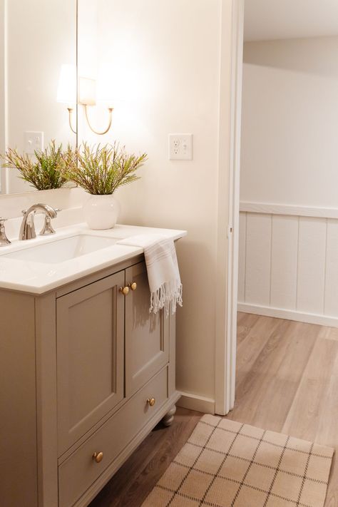 Bathroom Mushroom Colour, Medium Beige Paint Colors, Putty Bathroom Cabinets, Benjamin Moore Putty Color, Neutral Tone Paint Colors, Best Bathroom Paint Colors Benjamin Moore, Taupe Painted Bathroom Cabinets, Mushroom Bathroom Vanity, Light Taupe Bathroom Cabinets