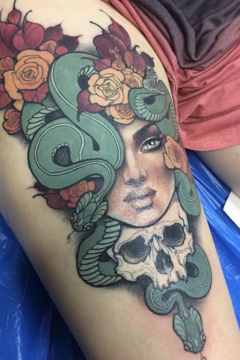 Colored Medusa Tattoo on Thigh Inner Thigh Tattoos, Face Composition, Tattoo Under Breast, Upper Thigh Tattoos, Medusa Tattoo Design, Tattoo Thigh, Sweet Tattoos, Medusa Tattoo, Tatuaje A Color