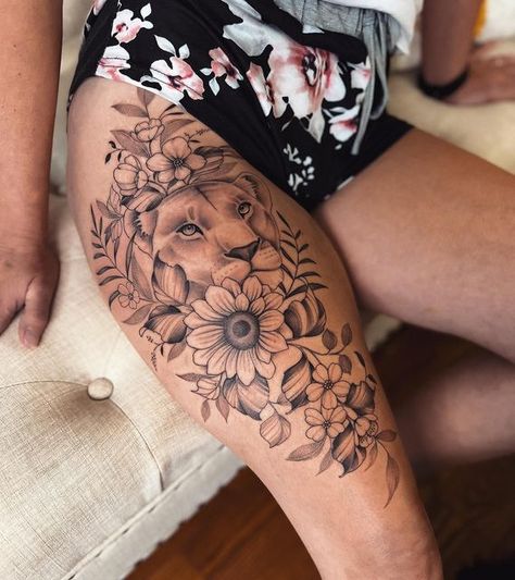 Lioness Tattoo On Thigh, Lion Tattoo Thigh Feminine, Lioness Tattoo Thigh, Lioness Tattoo For Women Thighs, Lion Hip Tattoo, Tattoo Pierna Mujer, Lion Leg Tattoo, Lion Tattoo On Thigh, Lioness Tattoo Design