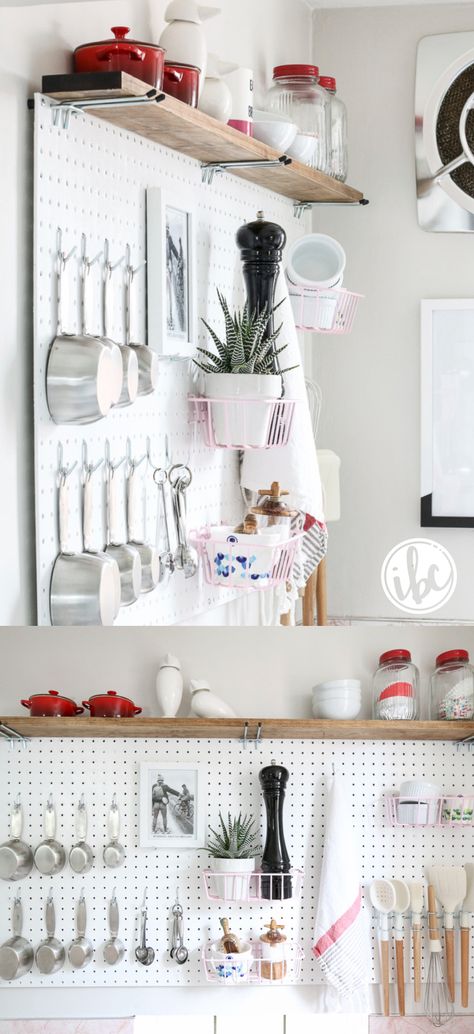 DIY Pegboard Kitchen Storage - kitchen organization - small space kitchen storage ideas - kitchen organization Small Space Kitchen Storage, Kitchen Organization Wall, Pegboard Kitchen, Diy Pegboard, Diy Kids Kitchen, Diy Kitchen Shelves, Kitchen Shelves Organization, Kitchen Wall Storage, Pegboard Organization