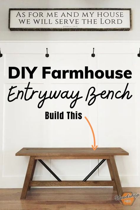 Build your own DIY farmhouse bench. Easy beginner woodworking project with black iron pipe accent. This vesitle piece of wood furniture can be used in your entryway, mudroom, or even in the bedroom. Get the downloadable plans and build your own! #woodshopmike Diy Farmhouse Entryway, Diy Farmhouse Bench, Farmhouse Entryway Bench, Farmhouse Bench Diy, Easy Diy Furniture, Pocket Hole Joinery, Diy Beginner, Wood Projects Plans, Cheap Diy Home Decor