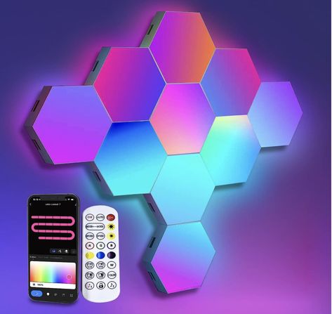 LED Hexagon Lights, Smart Home LED Wall Lights Work with Alexa Google Assistant, RGBIC Gaming Lights for Gaming Setup, Voice, App & Remote Control, LED Light Panels Music Sync for Gaming Room, 10 Pack Gaming Lights, Hexagon Lights, Voice App, Light Panels, Decorative Wall Sconces, Sensor Night Lights, Led Panel Light, Gaming Room, Google Assistant