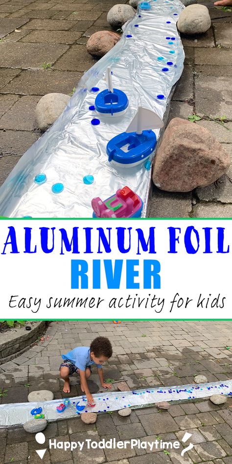 How to Make an Aluminum Foil River for Summer - Happy Toddler Playtime Summer Fun For Kids, Summer Preschool, Daycare Activities, Summer Activity, Summer Learning, Beach Hacks, Toddler Play, Toddler Learning Activities, Activity For Kids