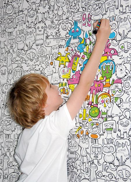 A great idea is using colour in wallpaper like this brilliant paper by designer Jon Burgerman. His paper features loads of intricate doodles of weird and wonderful little characters that can be lovingly coloured in by artistic children. ^_^ Jon Burgerman, Recreational Room, Childs Bedroom, Uk Artist, Kids Playroom, In Wallpaper, Kid Spaces, Kids' Room, Creative Home