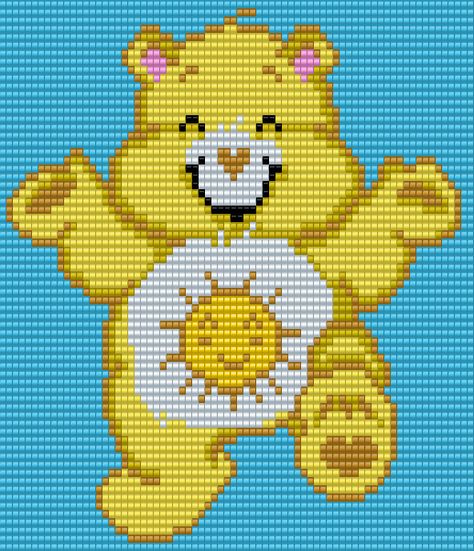 Funshine Bear from the Care Bears - Square Grid Pattern - 74 Columns X 67 Rows - (Pattern by me, Man in the Book) Care Bears Cross Stitch, Care Bear Pixel Art, Square Grid Pattern, The Care Bears, Funshine Bear, Grid Patterns, Holiday Canvas, Square Grid, Bear Quilts