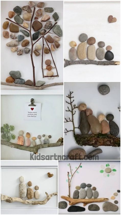 Pebble People Art Ideas for Kids - Kids Art & Craft Diy Rock Art Pictures, Creative Stone Art, Pebble And Shell Art Ideas, Simple Rock Art Ideas, Engraving Craft Ideas, Rock And Pebble Art, Rocks And Shells Craft, Mom Pebble Art, Pebble Family Art