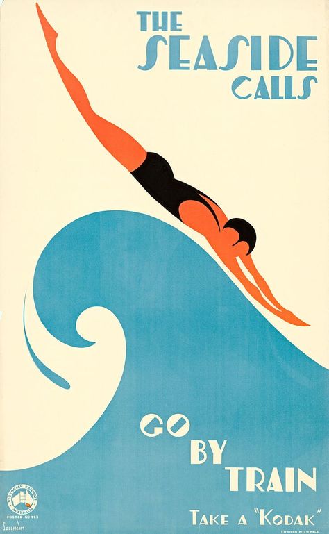 1930s Australia: the art deco designs ushering in a brave new world – in pictures Australia Vintage, Train Posters, Nature Art Prints, Brave New World, Screenprinting, The Seaside, Contemporary Modern Art, Swimmers, Vintage Travel Posters