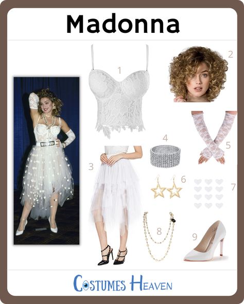 Madonna Express Yourself Costume, Madonna Costume Like A Virgin, 1980s Glamour Fashion, Madonna Bachelorette Party, Madonna Outfits Costumes, Madonna Iconic Looks 80s, Diy Madonna Costume 80s Party, Like A Virgin Madonna Costume, Madonna 80s Outfit Costumes