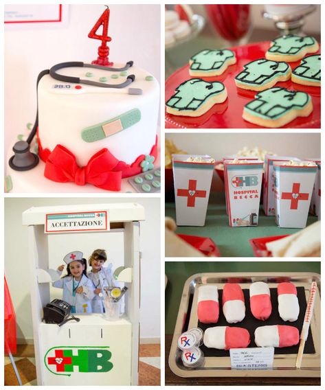 Doctor Themed Birthday Party via Kara's Party Ideas | KarasPartyIdeas.com (1) Hospital Birthday Party Ideas, Doctor Themed Snacks, First Aid Themed Snacks, Vet Clinic Birthday Party, Veterinarian Party Ideas, Doctor Themed Party, Veterinarian Birthday Party Kids, Birthday Cake Doctor, Doctor Attire