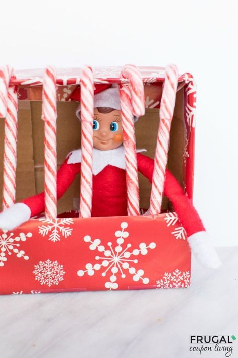 Candy Cane Jail | Easy Elf on the Shelf Idea | Funny Elf Idea #FrugalCouponLiving #ElfontheShelf #ElfontheShelfIdeas #ElfIdeas #funnyelfideas #funnyelfontheshelf #jail #candycanes #candycanecraft #candycanejail Candy Cane Ideas, Jail Ideas, Shelf Plans, Reindeer Diy, Elf Idea, Elf Printables, Elf On The Shelf Idea, Easy Elf On The Shelf, Candy Cane Crafts