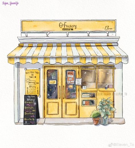 Building Illustration Watercolor, Plant Shop Drawing, Store Illustration Shop, Storefront Sketch, Cafe Shop Drawing, Building Illustration Sketch, Watercolor Art Buildings, Sketchbook Buildings, Watercolor Art Architecture