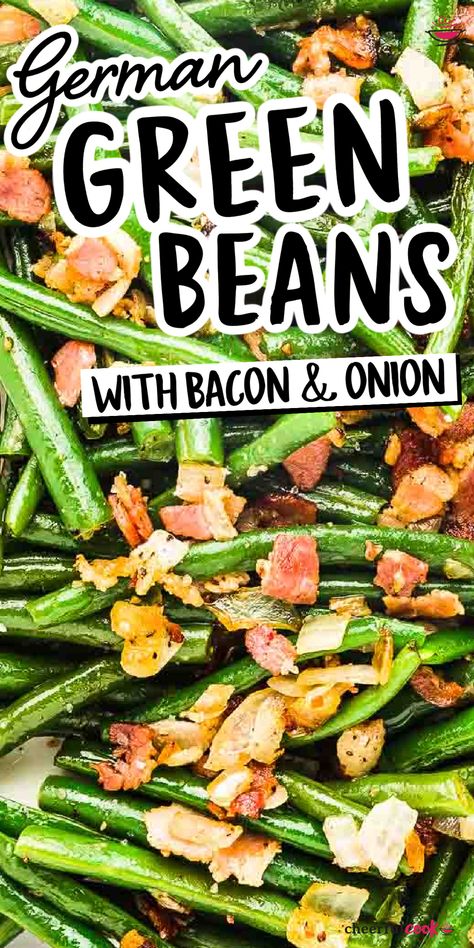 Our Green Beans and bacon side dish is savory, colorful, and requires just 5 simple ingredients! Easy to make and a true family favorite! #cheerfulcook #bacongreenbeans #greenbeans #sauteed #sidedish #recipe #haricotsverts #easy #best #stovetop German Green Beans With Bacon, German Green Beans, Green Bean Side Dish, Green Beans And Bacon, Green Bean Side Dish Recipes, Bean Side Dish, Healthy Grains Recipes, Bacon Side Dishes, Beans And Bacon