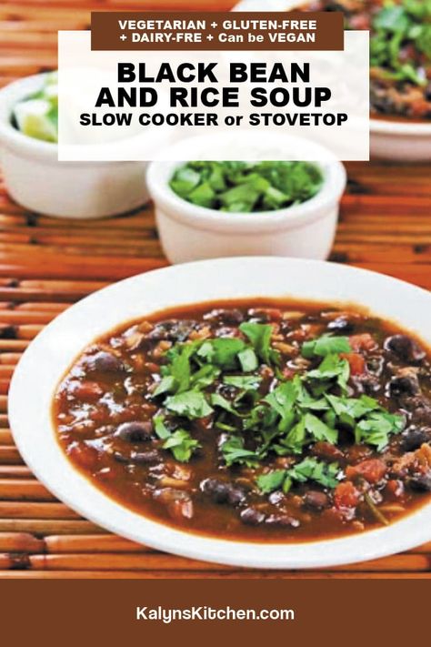 Black Bean and Rice Soup can be made in the slow cooker or on the stove, and this tasty vegetarian soup has been a hit. The soup only has a small amount of rice, and the addition of lime and cilantro makes it extra tasty! [found on kalynskitchen.com] #SlowCookerBlackBeanSoup #BlackBeanSoupRecipe #BlackBeanandRiceSoup Black Bean And Rice Soup Recipes, Black Beans And Rice Soup Recipe, Black Beans And Rice Soup, Bean And Rice Soup Recipes, Black Bean And Rice Soup, Bean And Rice Soup, Black Bean And Rice, Black Bean Rice, Hearty Chili Recipe