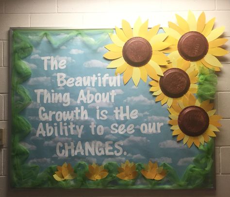 Sunflower Classroom Bulletin Boards, Wildflower Bulletin Board, Sunflower Door Decor Classroom, Sunflower Bulletin Board Ideas, Rocket Preschool, Sunshine Bulletin Board, Sunflower Classroom Theme, August Bulletin Board Ideas, Sunflower Board