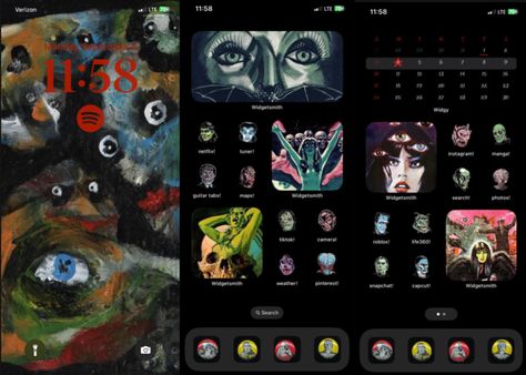 Vintage Horror Art Aesthetic, Phonescreen Themes, Vintage Iphone Theme Ideas, Horror Movie Phone Theme, Vintage Phone Layout, Horror Iphone Theme, Punk Phone Theme, Horror Phone Theme, Goth Phone Theme