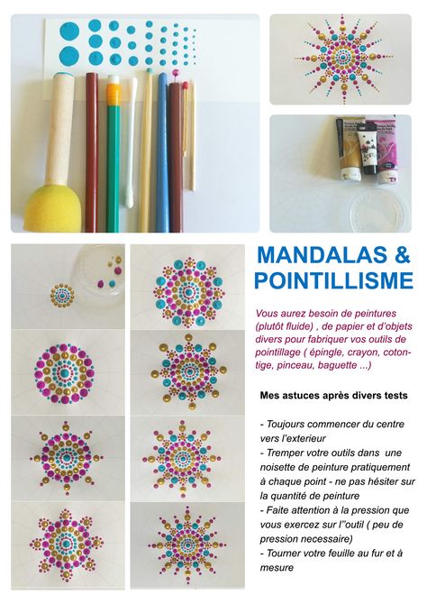 tutoriel mandalas pointillisme Mandala Simple, Dot Painting Tools, Easy Mandala Drawing, Mandala Painted Rocks, Mandala Rock Art, Stone Art Painting, Mandala Art Therapy, Drawing Accessories, Simple Mandala