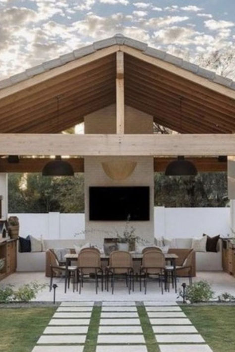 Transform your outdoor patio spaces into inviting retreats with this curated collection. From cozy fire pits to sleek dining areas, discover endless possibilities to elevate your outdoor living experience. Redefine outdoor living with style and comfort. #OutdoorPatio #PatioSpaces #OutdoorLiving #OutdoorDecor #OutdoorDesign #PatioIdeas #OutdoorStyle #OutdoorEntertaining #OutdoorFurniture #PatioInspiration DIY Home Design Home Decor Home Inspo Nails Iphone Background Moody Barnhouse Home Decor Back Exterior Of House, Detached Outdoor Living Space, Palapas Ideas Patios, Pool House Cabana, Farmhouse Backyard, Desert Backyard, Outdoor Living Space Design, Landscaping Backyard, Patio Kitchen