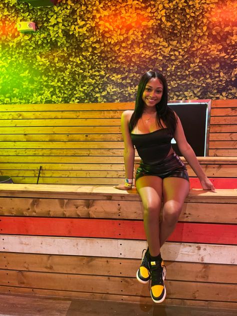 Leather Shorts And Jordans, Leather Skirt With Jordan 1, Shorts And Jordans Women, Jordan 1 Shorts Outfit, Jordan 1 Outfit Black Women, Dress And Jordans Outfit, Black Shorts Outfit Black Women, Dress And Jordans, Jordan 4 Outfit