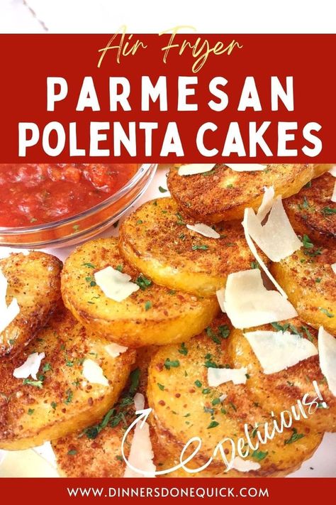 In a half hour, you can enjoy a savory homemade appetizer in these air fryer parmesan polenta cakes. Just slice, season, and let the air fryer do the rest! #dinnersdonequick #polenta #polentarecipes #howtocookpolenta #airfryerpolenta #friedpolenta #parmesanpolentacakes #polentacakes #polentacakesfromtube Polenta In Air Fryer, Air Fryer Polenta Cakes, Polenta Recipes Tube Air Fryer, Polenta Fries Air Fryer, Tubed Polenta Recipes, Polenta Air Fryer, Polenta Tube Recipes, Tube Polenta Recipes, Polenta Recipes Tube