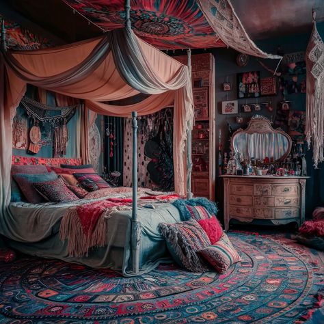 Boho-chic bedrooms for those dreamy, cozy vibes ✨❤️ Is this your style? Chic Boho Bedroom, Canopy Bed Drapes, Bed Drapes, Patterned Pillows, Romantic Interior, Boho Bedroom Design, Boho Bedroom Ideas, Boho Style Bedroom, Life Space