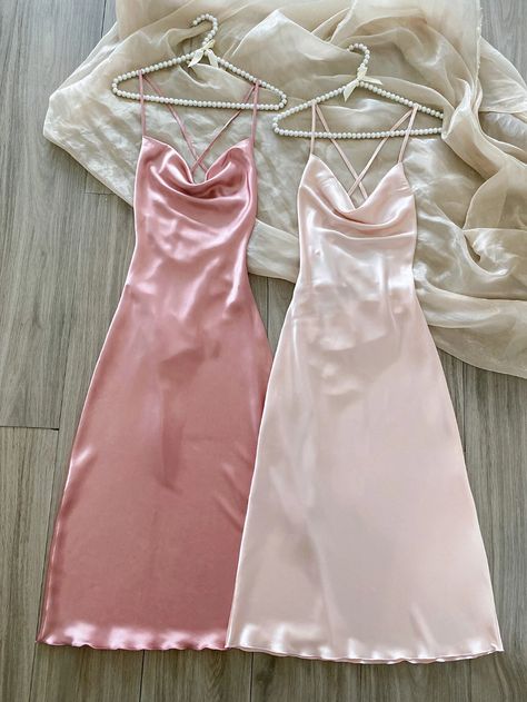 2pcs Draped Collar Satin Cami Night Dress | SHEIN USA Cami Night Dress, Women Nightwear Dresses, Satin Dressing Gown, Satin Cami Dress, Draped Collar, Top Streetwear Brands, Dresses Shein, Slip Dresses, Night Dress For Women