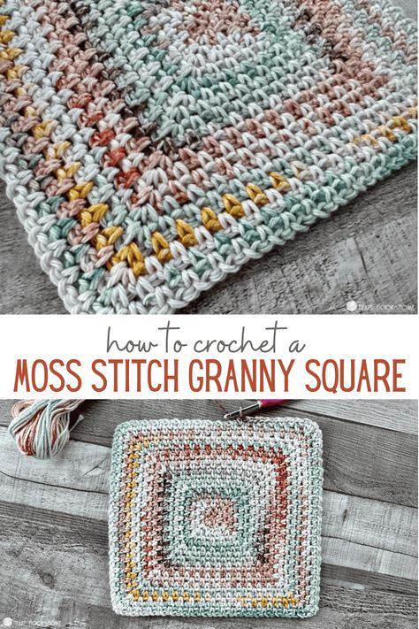 Do you love both the Moss Stitch and Granny Squares? Learn how to make a Miss Stitch Granny Square with this comprehensive tutorial. Granny Square Crocheted Blanket, Granny Square Moss Stitch, Moss Stitch Granny Square Crochet, Linen Stitch Crochet Granny Square, Crochet Blanket With Granny Squares, Granny Stitch Square, How To Block Crochet Granny Squares, Granny Square Crochet Pattern Chunky Yarn, Cross Stitch Granny Square