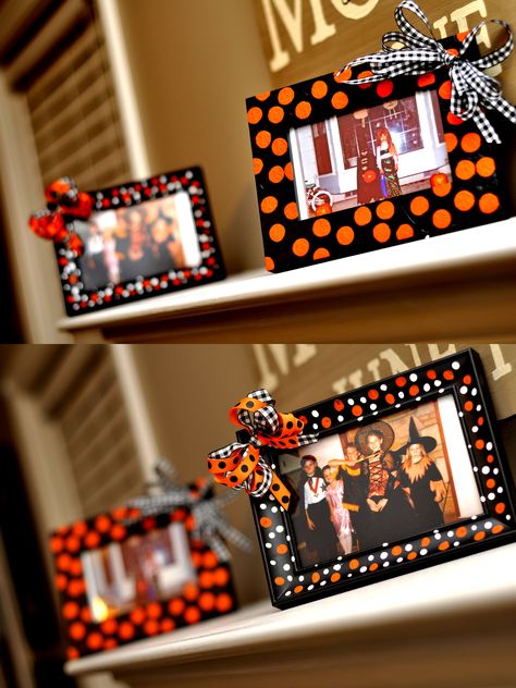 The frames I made for Halloween. Each frame has a picture of me and of Justin with our sibiling(s) dressed up for Halloween when we were little. Diy Halloween Picture Frames, Diy Halloween Pictures, Fall Picture Frame, Halloween Photo Frames, Halloween Picture Frames, Picture Walls, Grandparents Day Crafts, Halloween Gift Baskets, Halloween Frame