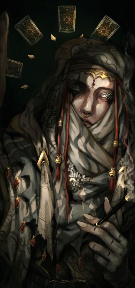 Fortune Teller Fantasy Art, Fortune Teller Character Art, Victorian Fortune Teller, Fortune Teller Dnd Character, Anime Fortune Teller, Dnd Oracle, Dnd Fortune Teller, Creepy Fortune Teller, Fortune Teller Character Design