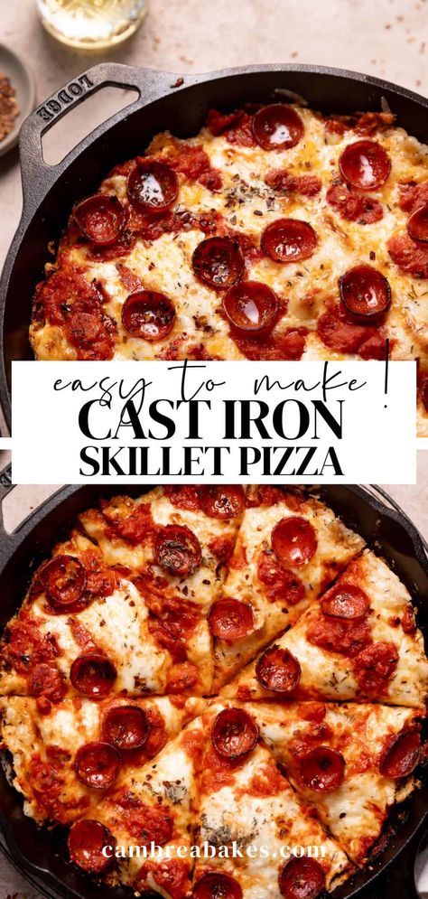 Skip the take-out pizza and cast iron skillet pizza instead! This easy skillet pizza has a thick crust with a crispy bottom and a soft and chewy center. Make this deep-dish pizza in 30 minutes with your favorite toppings for your next Friday night pizza! Iron Skillet Pizza, Skillet Recipes Dinner, Cast Iron Skillet Recipes Dinner, Cast Iron Skillet Pizza, Friday Night Pizza, Deep Dish Pizza Recipe, Cast Iron Pizza, Skillet Pizza, Pizza Topping